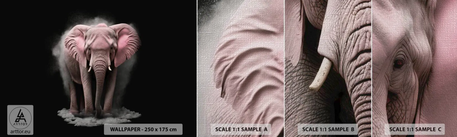 Échantillon de Papier Peint Premium Canvas - Ne pensez pas à un éléphant rose ! - Soleil, Safari, Afrique - 100x30 cm