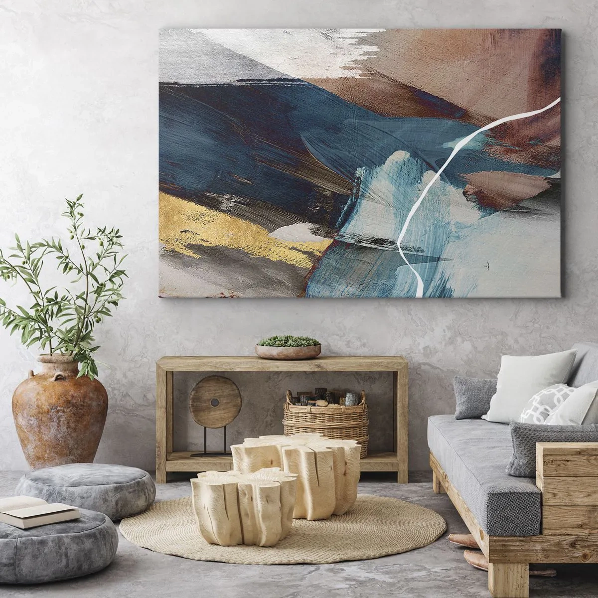 Impression sur toile - Image sur toile - Coups de pinceau abstraits dans des tons de bleu et d'or - 70x50cm - Avec panache et énergie - Décoration murale moderne pour le salon et la chambre ARTTOR