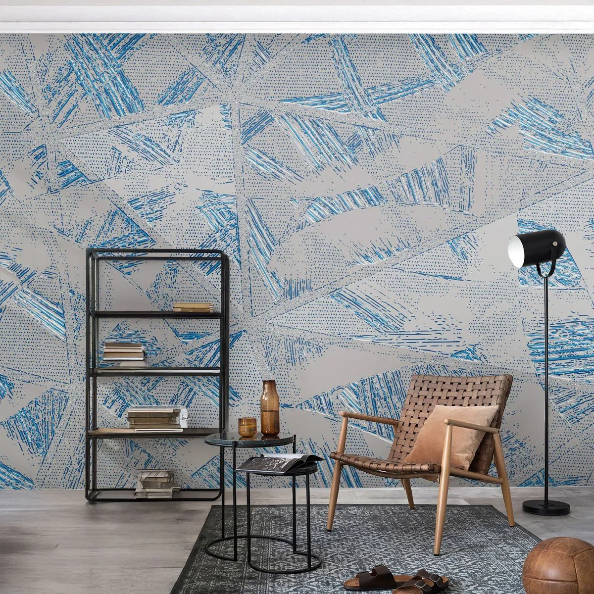 Papier Peint Autocollant Deluxe Sticker - Dans un labyrinthe bleu-gris - Gribouillis, Brillant, Chaos - 100x70 cm