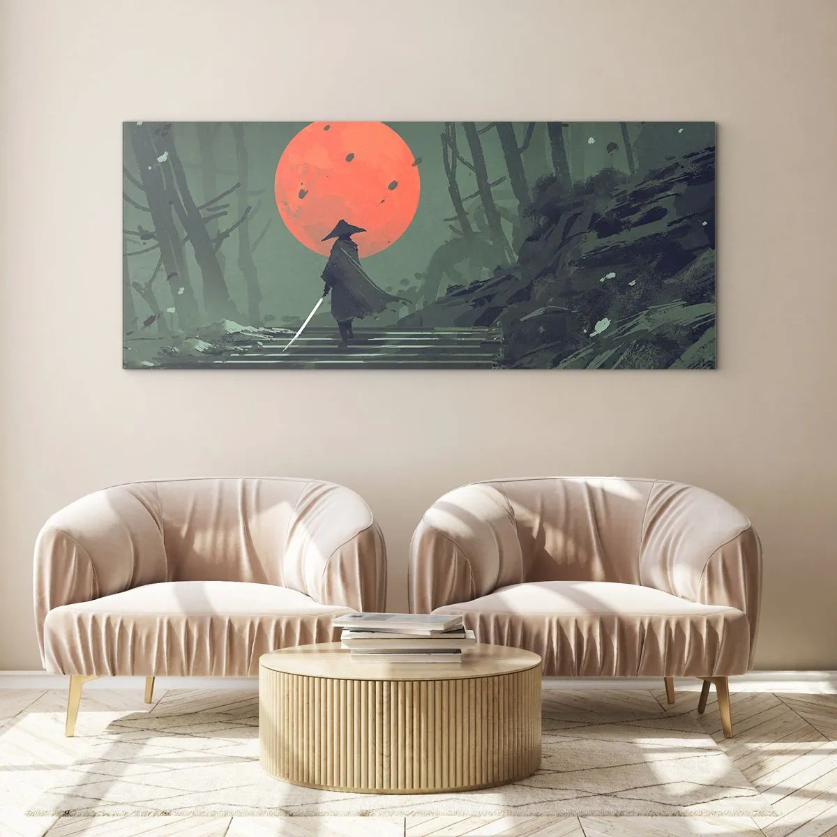 Impression sur verre - Image sur verre - Un guerrier solitaire avec une épée sur fond de lune rouge dans une forêt sombre. - 140x50cm - Guerrier de la lune rouge - Décoration murale moderne pour le salon et la chambre ARTTOR
