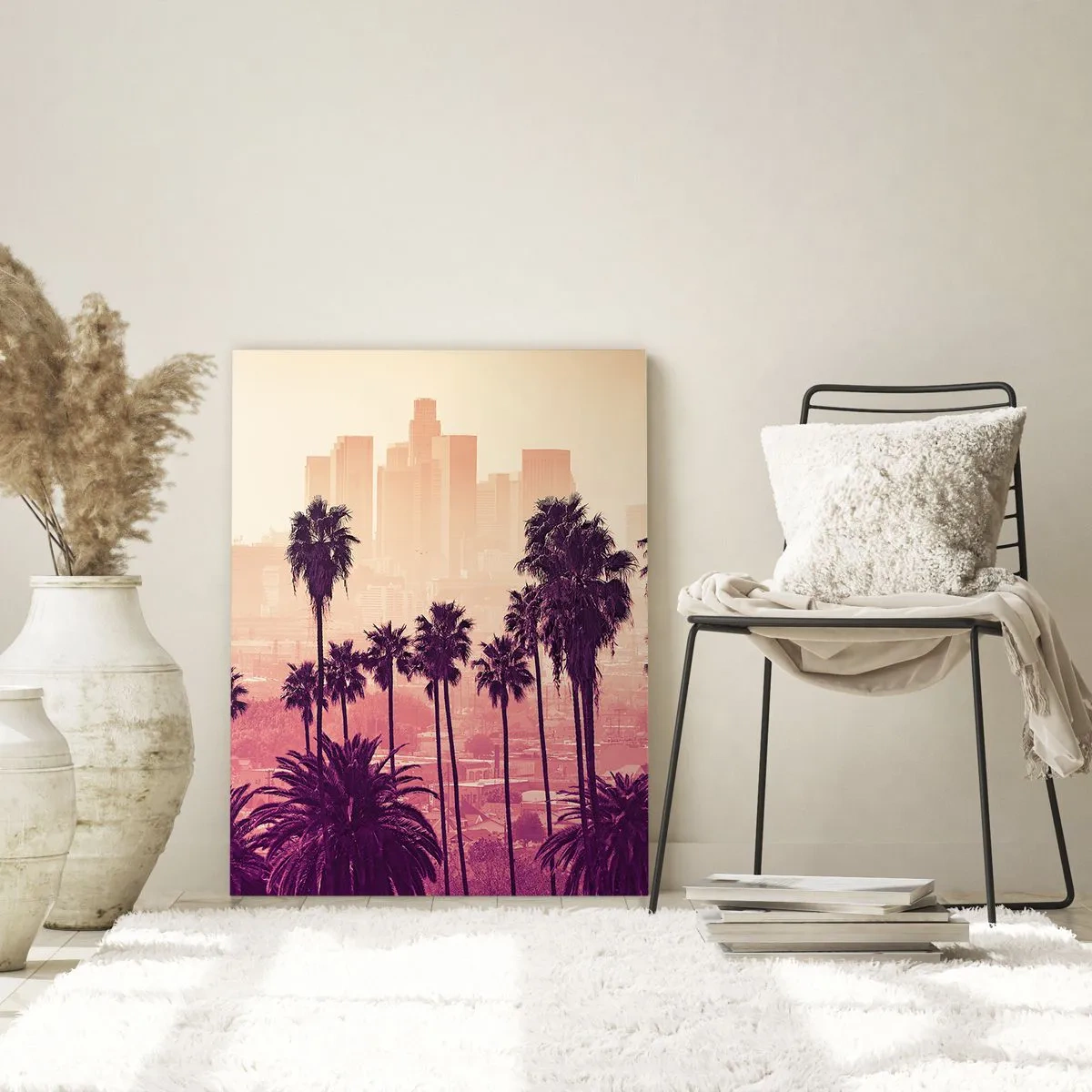 Impression sur verre - Image sur verre - Palmiers sur fond de skyline de la ville dans des tons chauds de coucher de soleil - 50x70cm - Paysage californien - Décoration murale moderne pour le salon et la chambre ARTTOR