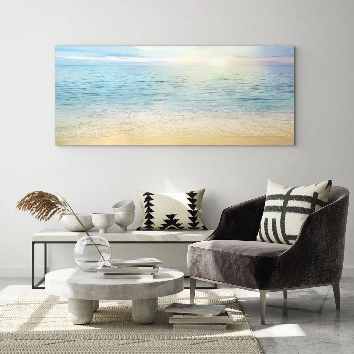 Impression sur verre - Image sur verre - Une plage avec une mer turquoise et un ciel clair - 160x50cm - Le grand bleu - Décoration murale moderne pour le salon et la chambre ARTTOR