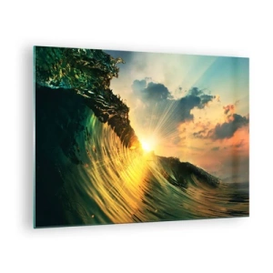 Impression sur verre - Image sur verre - Le soleil couchant illuminant les vagues de l'océan - 70x50cm - Surfeur, où es-tu ? - Décoration murale moderne pour le salon et la chambre ARTTOR