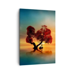 Impression sur toile - Image sur toile - Un arbre à feuilles rouges et un bateau sur l'eau au coucher du soleil - 50x70cm - Plénitude et éloignement sans monde - Décoration murale moderne pour le salon et la chambre ARTTOR