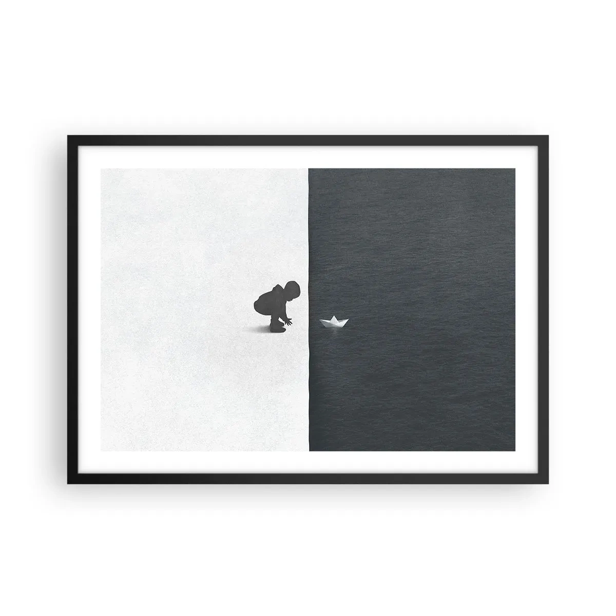 Affiche dans un cadre noir - Poster - Une figure d'enfant avec un bateau en papier sur un fond de moitiés contrastées - 70x50cm - Grande expédition - Décoration murale moderne pour le salon et la chambre ARTTOR