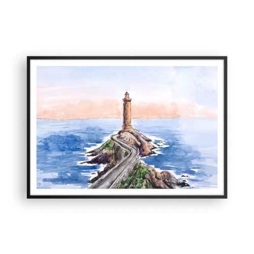Affiche dans un cadre noir - Poster - Un phare sur un rivage rocheux - 100x70cm - Face à la mer - Décoration murale moderne pour le salon et la chambre ARTTOR