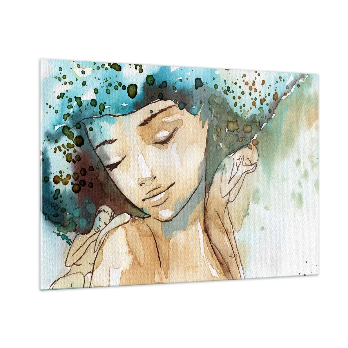 Impression sur verre - Image sur verre - Portrait à l'aquarelle d'une femme aux yeux fermés - 100x70cm - Lady in blue - Décoration murale moderne pour le salon et la chambre ARTTOR