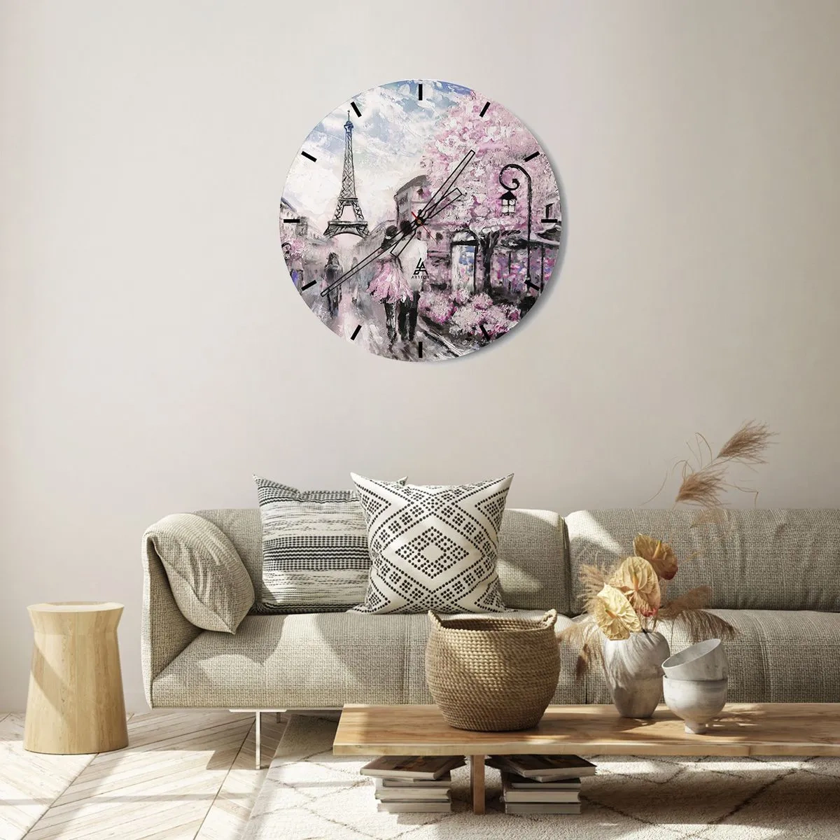 Horloge murale - Pendule murale - Vue romantique de Paris avec la Tour Eiffel et des arbres en fleurs - 30x30cm - Comment tomber amoureu, il faut juste... - Décoration murale moderne pour le salon, la cuisine et la chambre ARTTOR
