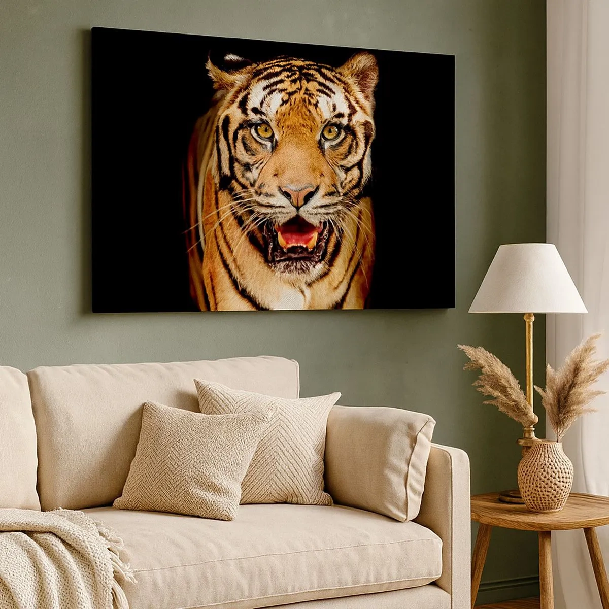 Impression sur toile - Image sur toile - Un tigre avec la gueule ouverte sur un fond noir - 70x50cm - Le coeur sauvageon - Décoration murale moderne pour le salon et la chambre ARTTOR