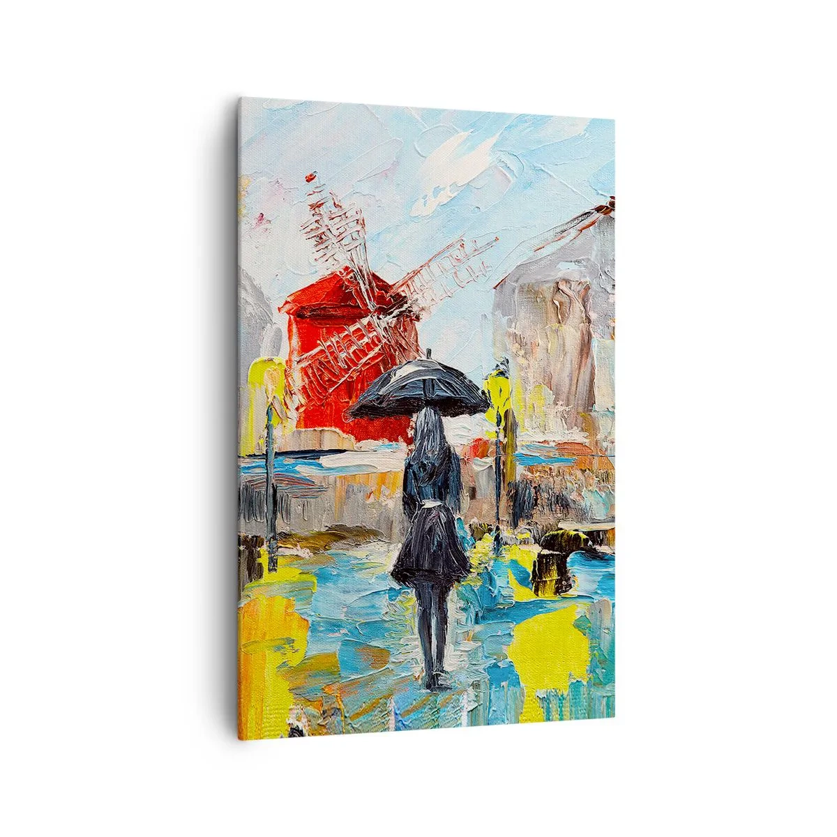 Impression sur toile - Image sur toile - Une scène pittoresque avec un parapluie sur fond de Paris aux couleurs vibrantes. - 80x120cm - Légende parisienne - Décoration murale moderne pour le salon et la chambre ARTTOR