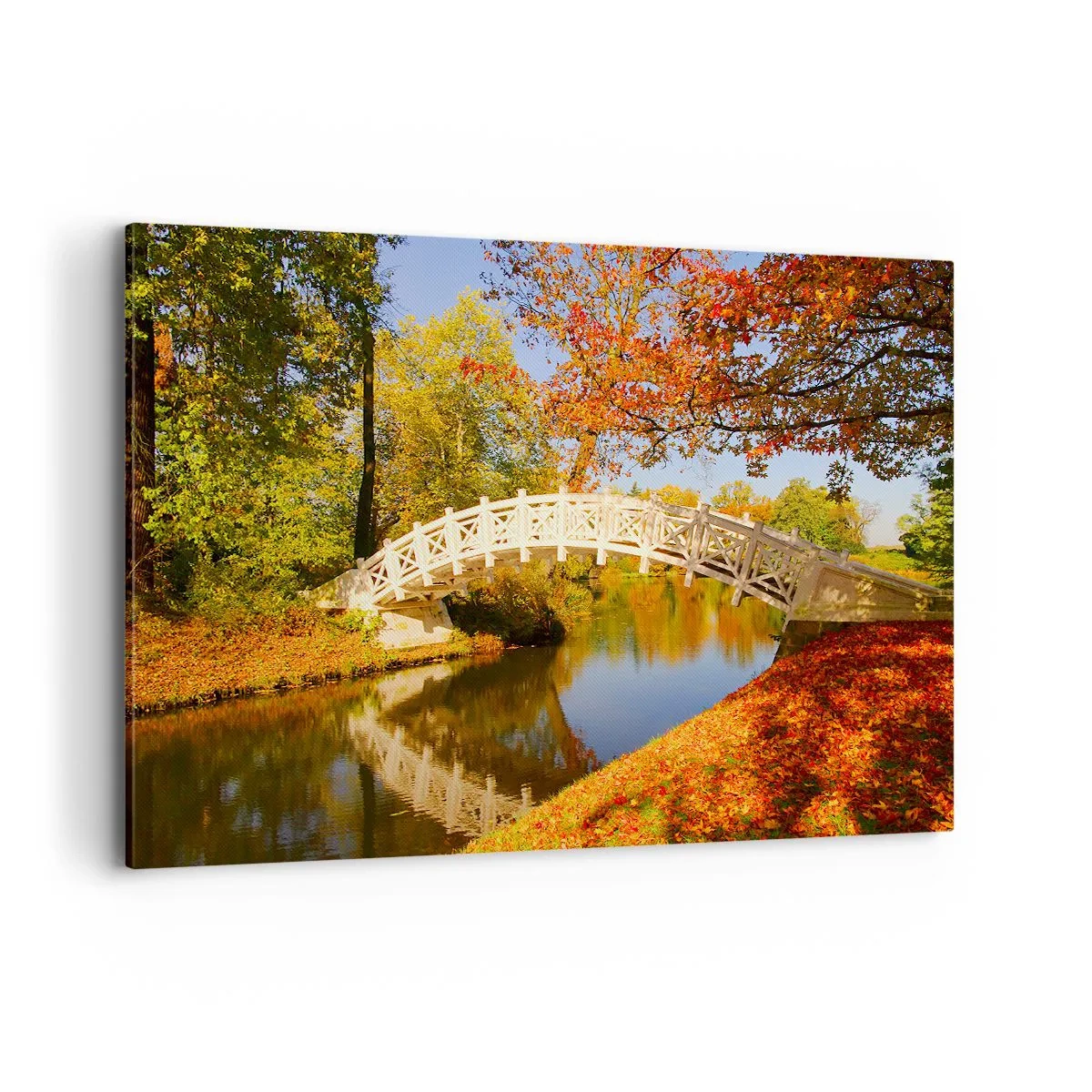 Impression sur toile - Image sur toile - Un pont dans un parc entouré de feuilles d'automne sur une eau calme - 120x80cm - Sur le pont blanc des soupirs - Décoration murale moderne pour le salon et la chambre ARTTOR