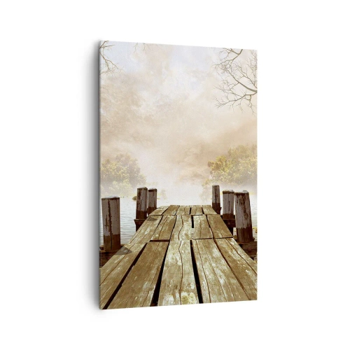 Impression sur toile - Image sur toile - Une jetée en bois menant à un lac calme dans la brume matinale - 80x120cm - La douce tristesse de l'automne - Décoration murale moderne pour le salon et la chambre ARTTOR