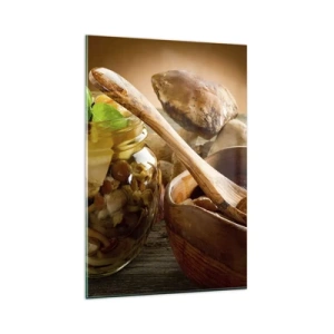 Impression sur verre - Image sur verre - Champignons naturels dans un bocal sur une table rustique - 80x120cm - Que ce soit frais ou salé, ou en automne... - Décoration murale moderne pour le salon et la chambre ARTTOR