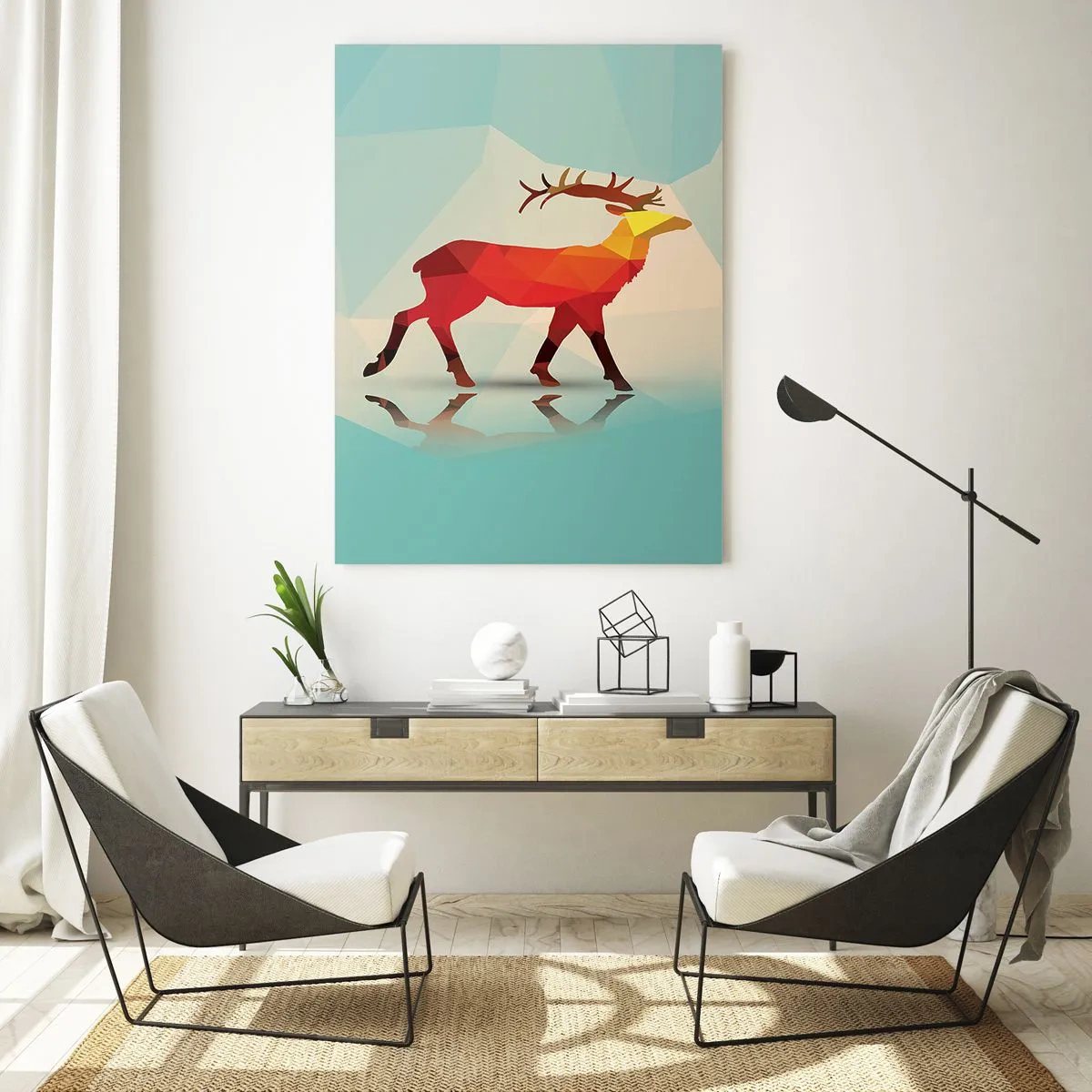 Impression sur verre - Image sur verre - Silhouette géométrique d'un cerf dans les tons de rouge et d'orange - 80x120cm - Cerf géométrique - Décoration murale moderne pour le salon et la chambre ARTTOR