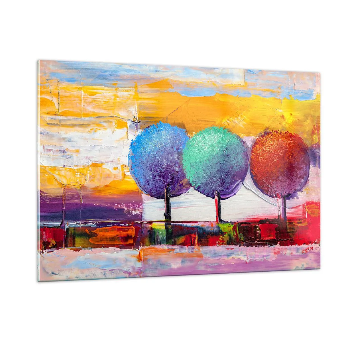 Impression sur verre - Image sur verre - Arbres abstraits colorés sur un fond intense - 120x80cm - Art jusqu'à trois - Décoration murale moderne pour le salon et la chambre ARTTOR