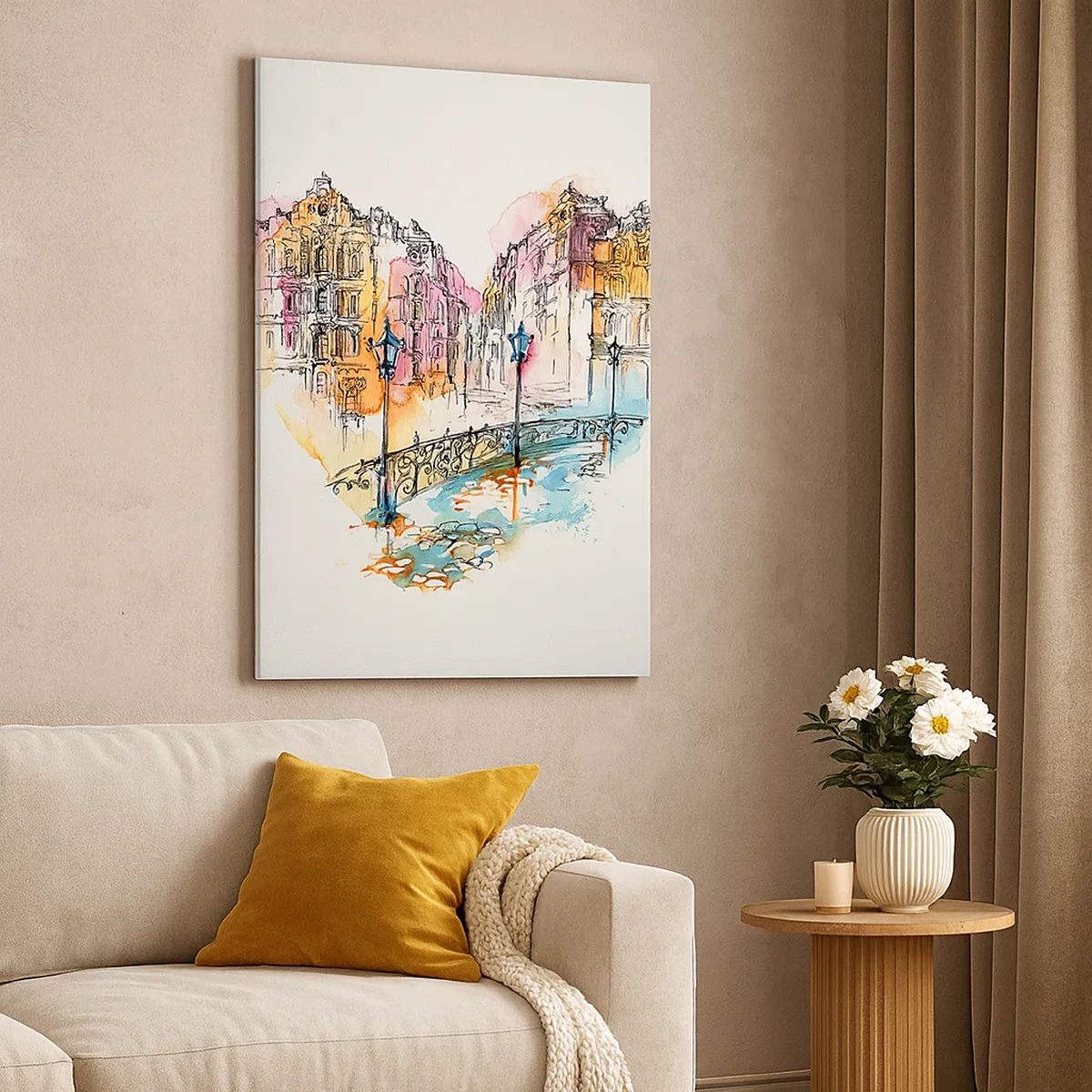 Impression sur toile - Image sur toile - Aquarelle d'un pont et de maisons en forme de cœur - 50x70cm - Le coeur de la ville - Décoration murale moderne pour le salon et la chambre ARTTOR