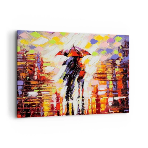 Impression sur toile - Image sur toile - Une scène abstraite d'une promenade sous un parapluie par une nuit pluvieuse. - 100x70cm - Ensemble à travers la nuit et la pluie - Décoration murale moderne pour le salon et la chambre ARTTOR