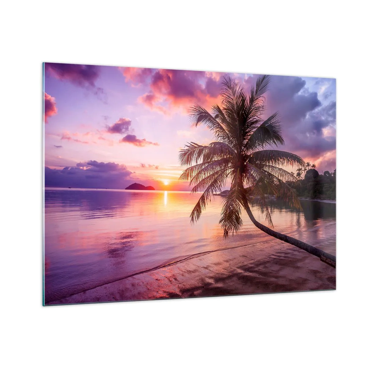 Impression sur verre - Image sur verre - Plage exotique avec un palmier au coucher du soleil - 100x70cm - Le bonheur à l'horizon - Décoration murale moderne pour le salon et la chambre ARTTOR