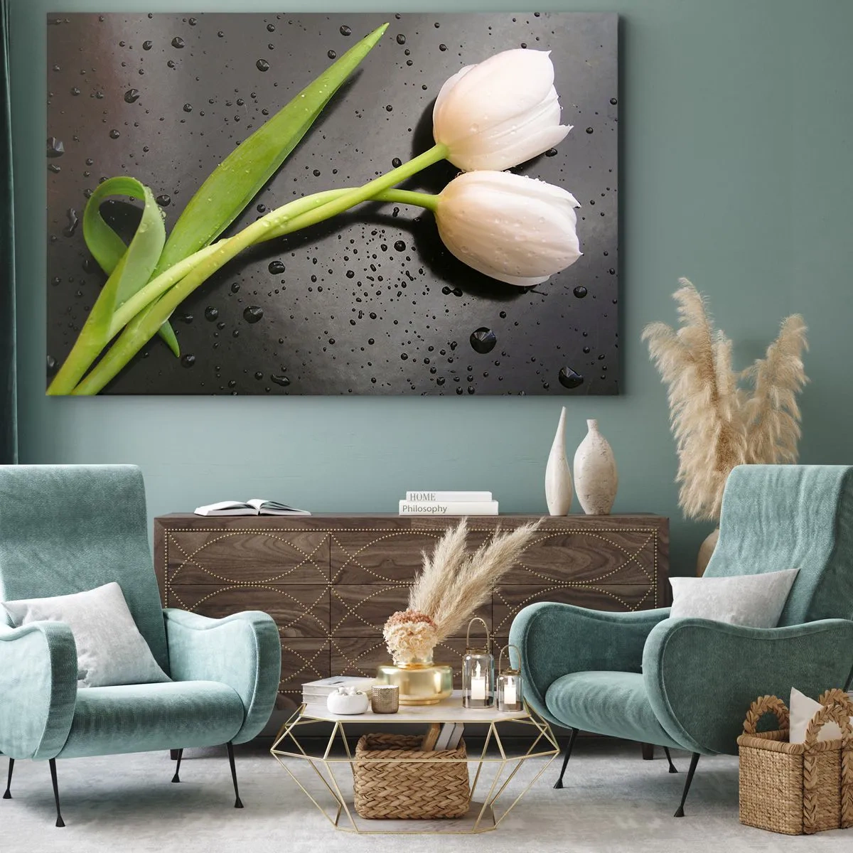 Impression sur toile - Image sur toile - Tulipes blanches sur fond noir avec des gouttes d'eau - 70x50cm - Tissage de printemps - Décoration murale moderne pour le salon et la chambre ARTTOR