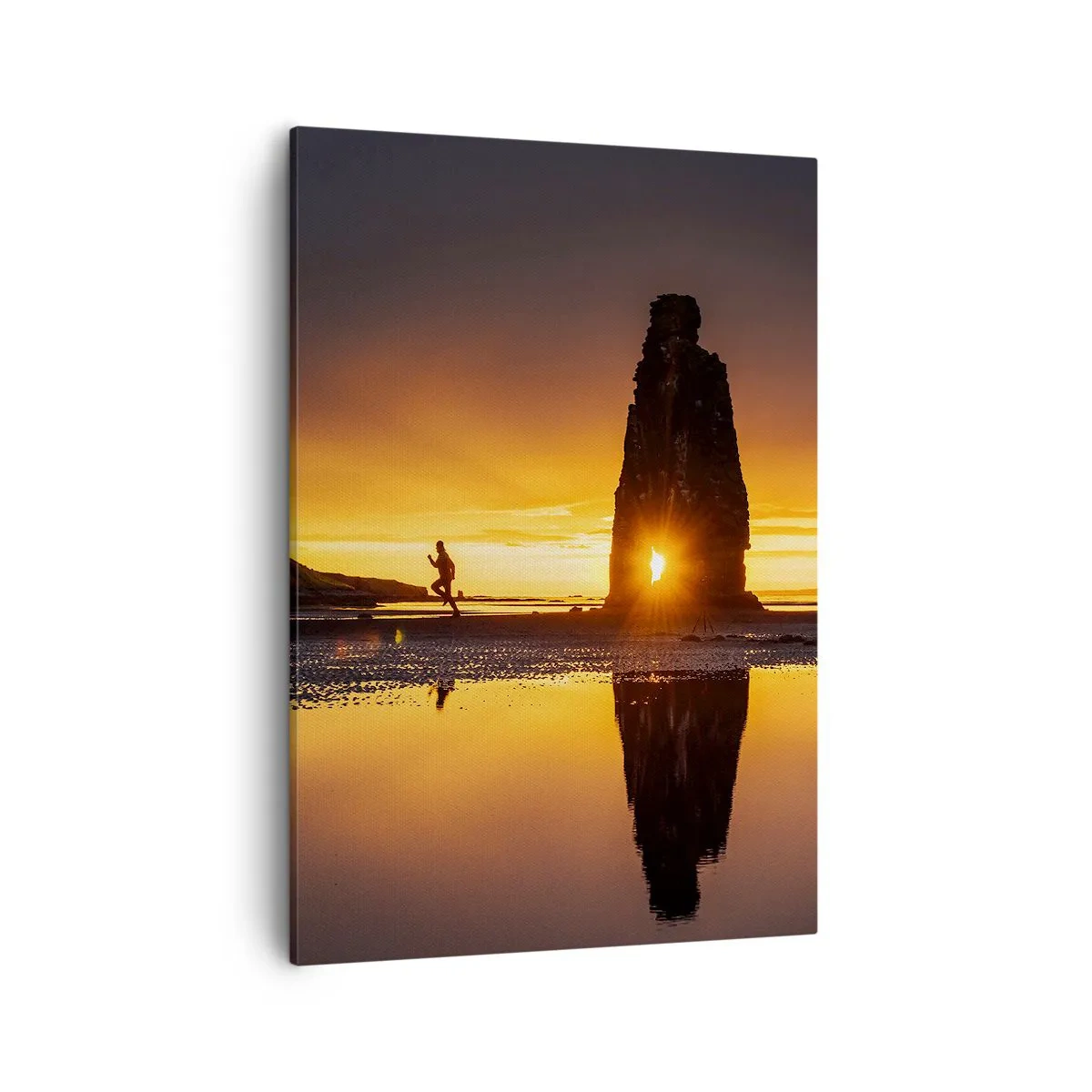 Impression sur toile - Image sur toile - Personne courant sur la plage au coucher du soleil avec formation rocheuse - 50x70cm - Juste vous et la nature - Décoration murale moderne pour le salon et la chambre ARTTOR