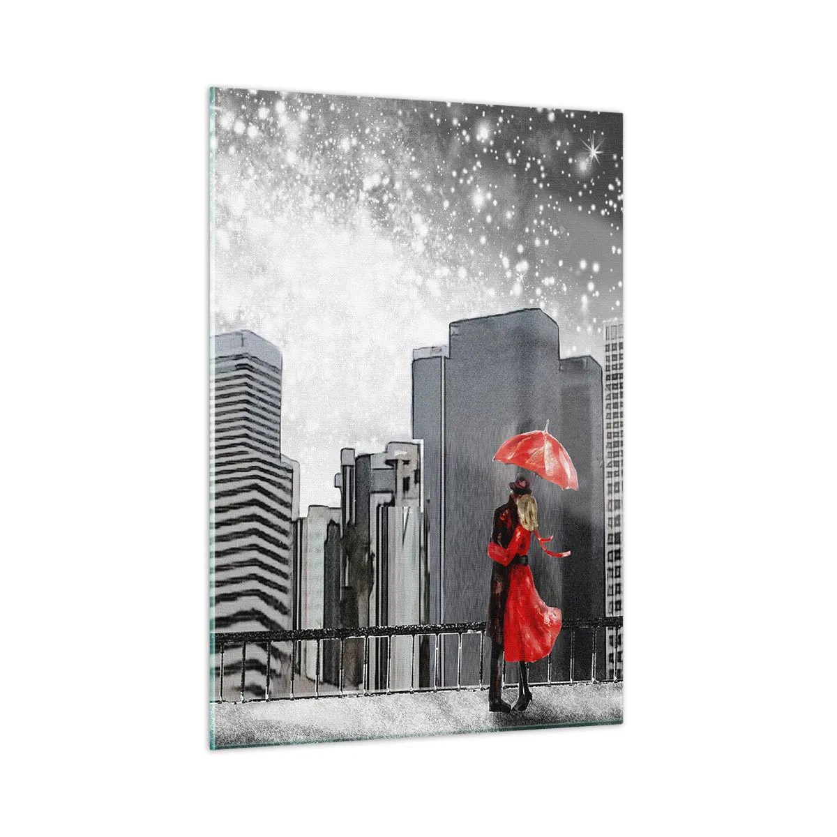Impression sur verre - Image sur verre - Un couple avec un parapluie rouge debout devant un paysage urbain la nuit - 50x70cm - L'homme n'est pas une pierre - Décoration murale moderne pour le salon et la chambre ARTTOR
