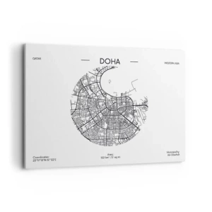Impression sur toile - Image sur toile - Une carte minimaliste de Doha en noir et blanc avec des détails précis. - 100x70cm - Anatomie de Doha - Décoration murale moderne pour le salon et la chambre ARTTOR