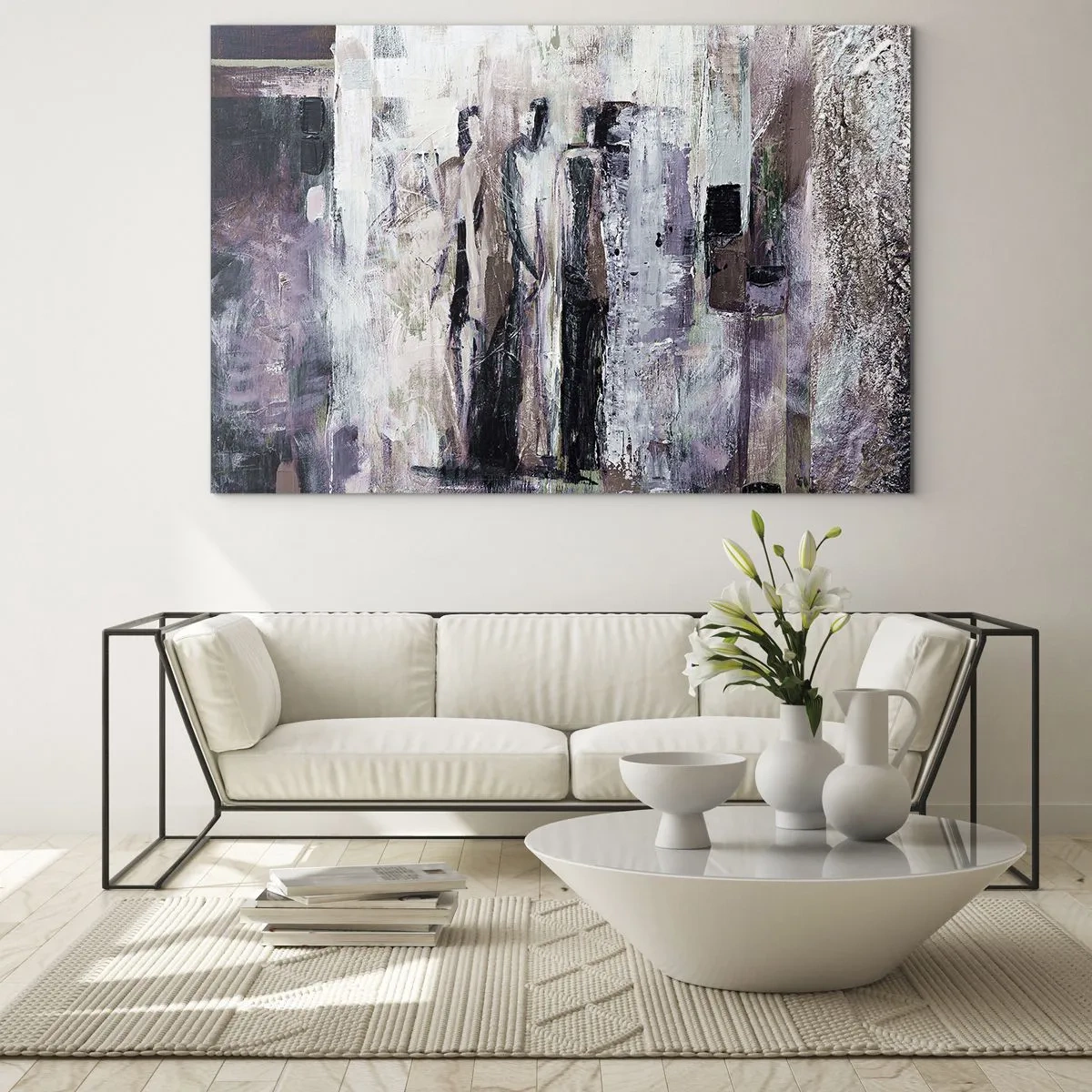 Impression sur verre - Image sur verre - Silhouettes abstraites de personnages sur un fond de peinture texturée - 100x70cm - Les trois mystérieux - Décoration murale moderne pour le salon et la chambre ARTTOR