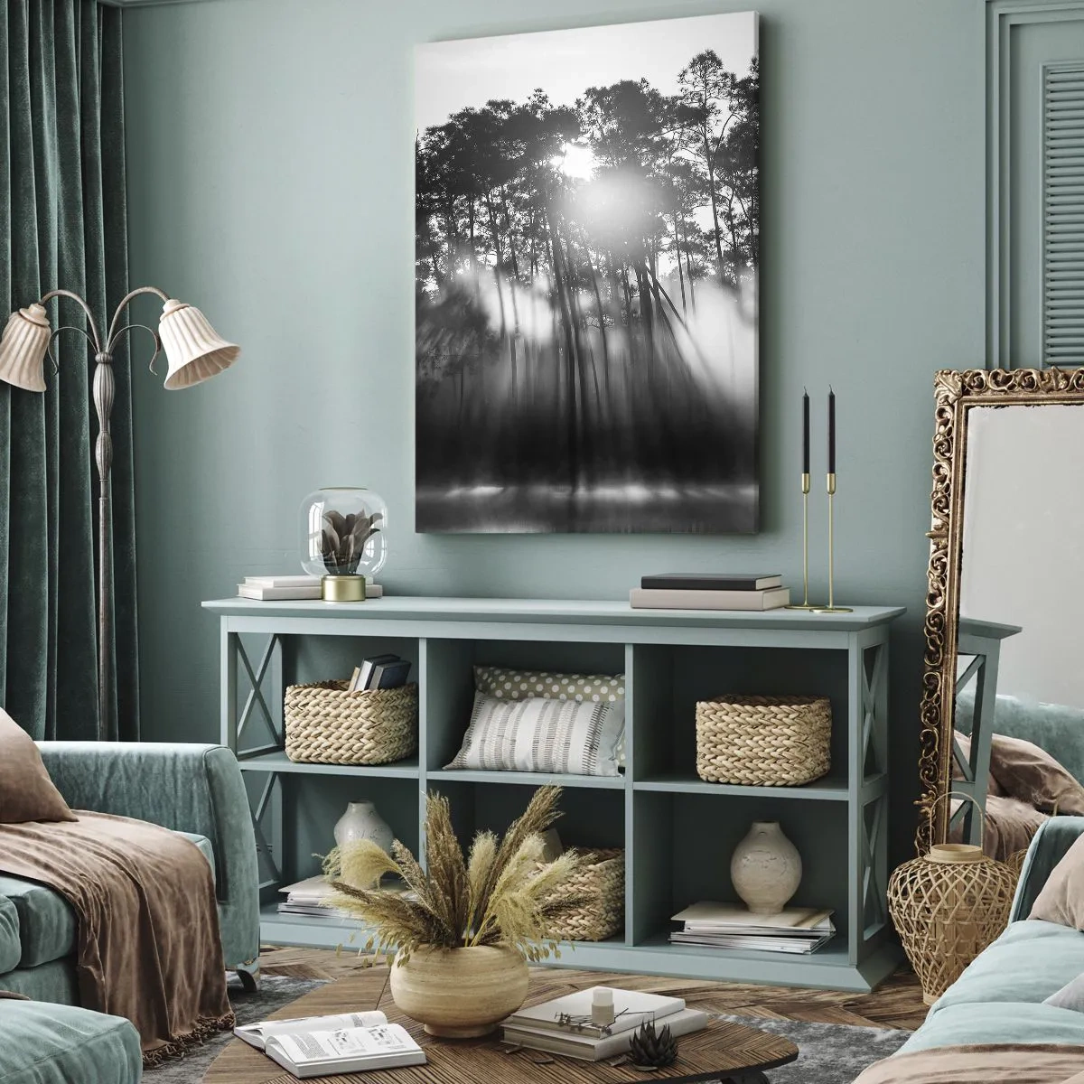Impression sur toile - Image sur toile - Forêt noire et blanche dans le brouillard du matin - 70x100cm - Soleil inarrêtable - Décoration murale moderne pour le salon et la chambre ARTTOR