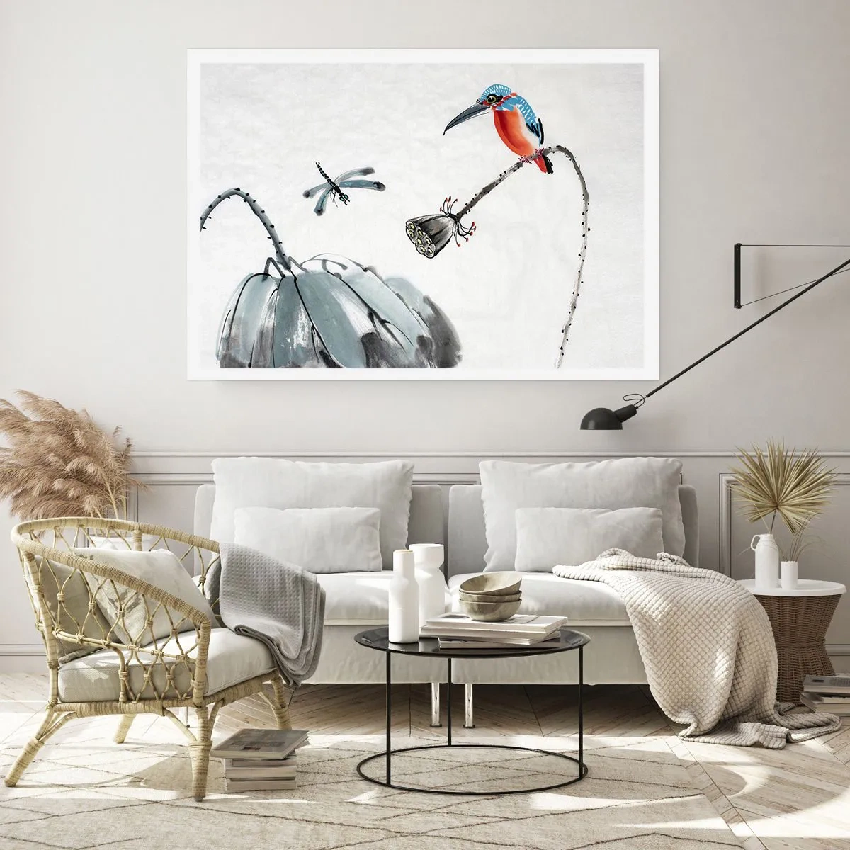 Affiche - Poster - Un oiseau coloré sur fond de végétation et une libellule - 100x70cm - La vie du champ - Décoration murale moderne pour le salon et la chambre ARTTOR