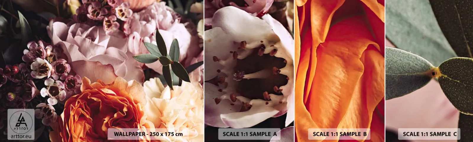 Échantillon de Papier Peint Autocollant Deluxe Sticker - Enveloppé de beauté - Fleurs, Bouquet de fleurs, Rose - 100x30 cm