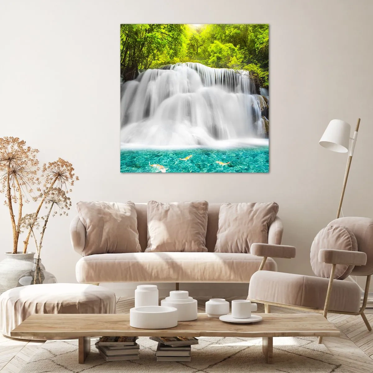 Impression sur toile - Image sur toile - Une cascade mousseuse du vert à l'azur - 70x70 cm