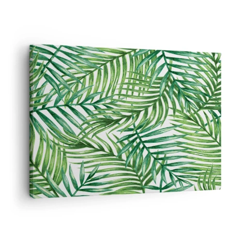 Impression sur toile - Image sur toile - Feuilles de palmier tropicales vertes sur fond clair - 70x50cm - Sous la canopée verte - Décoration murale moderne pour le salon et la chambre ARTTOR