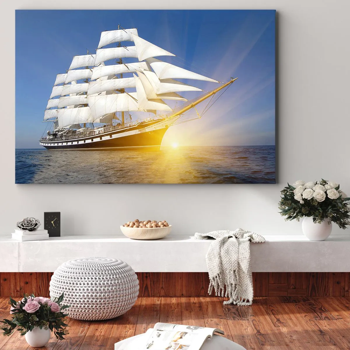 Impression sur toile - Image sur toile - Un voilier en mer à la lumière du soleil couchant - 70x50cm - Leur temps ne passera jamais - Décoration murale moderne pour le salon et la chambre ARTTOR
