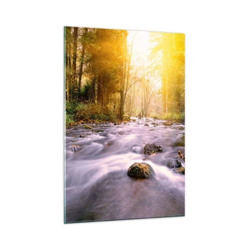 Impression sur verre - Image sur verre - Un ruisseau forestier illuminé par les rayons du soleil - 80x120cm - Malachite dans un cadre argent et or - Décoration murale moderne pour le salon et la chambre ARTTOR
