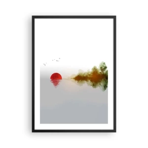 Affiche dans un cadre noir - Poster - Un paysage minimaliste avec un soleil rouge et un lac. - 50x70cm - Une promesse de paix - Décoration murale moderne pour le salon et la chambre ARTTOR