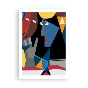 Affiche - Poster - Abstraction cubiste d'un visage aux couleurs vives - 50x70cm - Une conversation entre cubistes - Décoration murale moderne pour le salon et la chambre ARTTOR