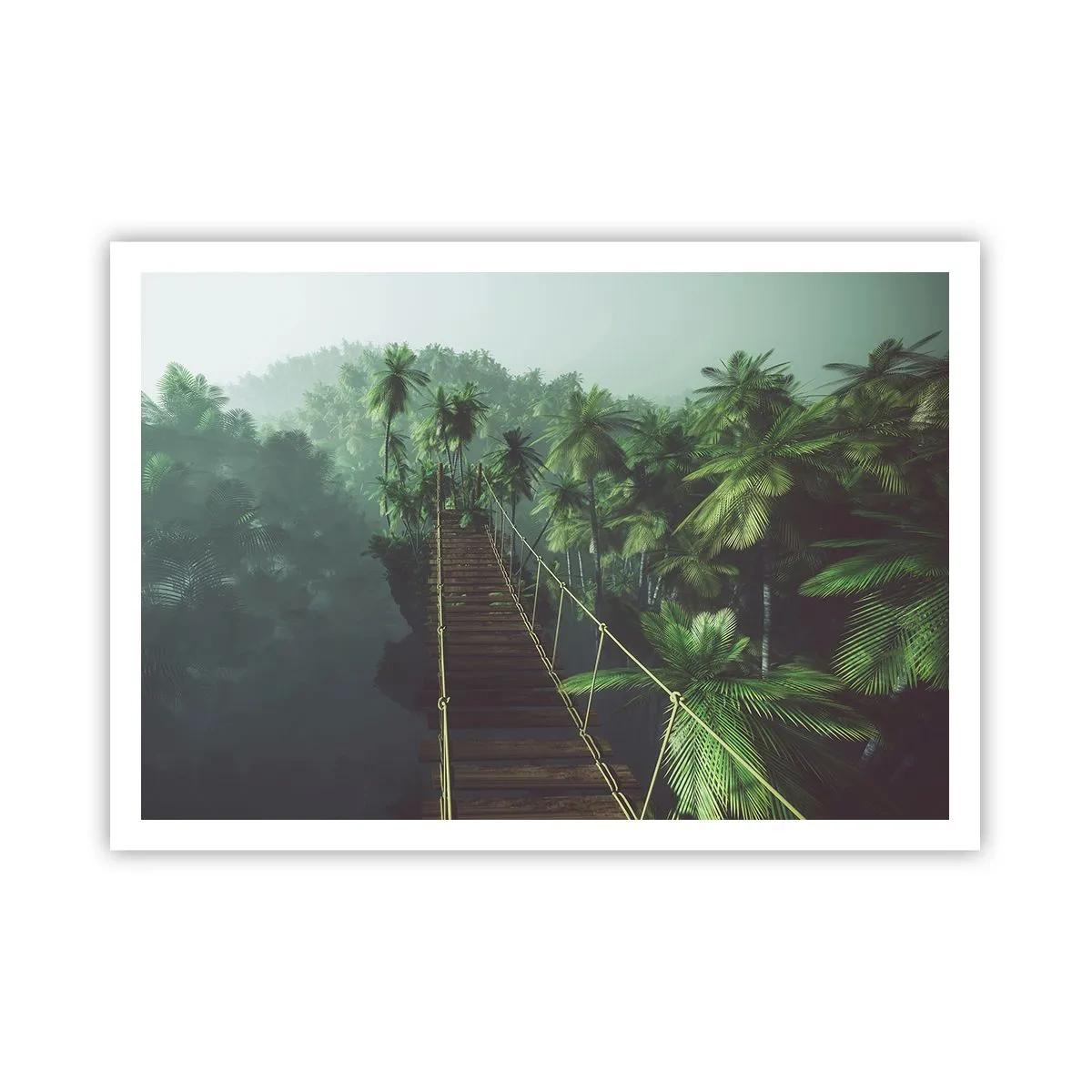 Affiche - Poster - Un pont suspendu dans une forêt tropicale entourée de brouillard. - 100x70cm - Au fil de la verdure - Décoration murale moderne pour le salon et la chambre ARTTOR