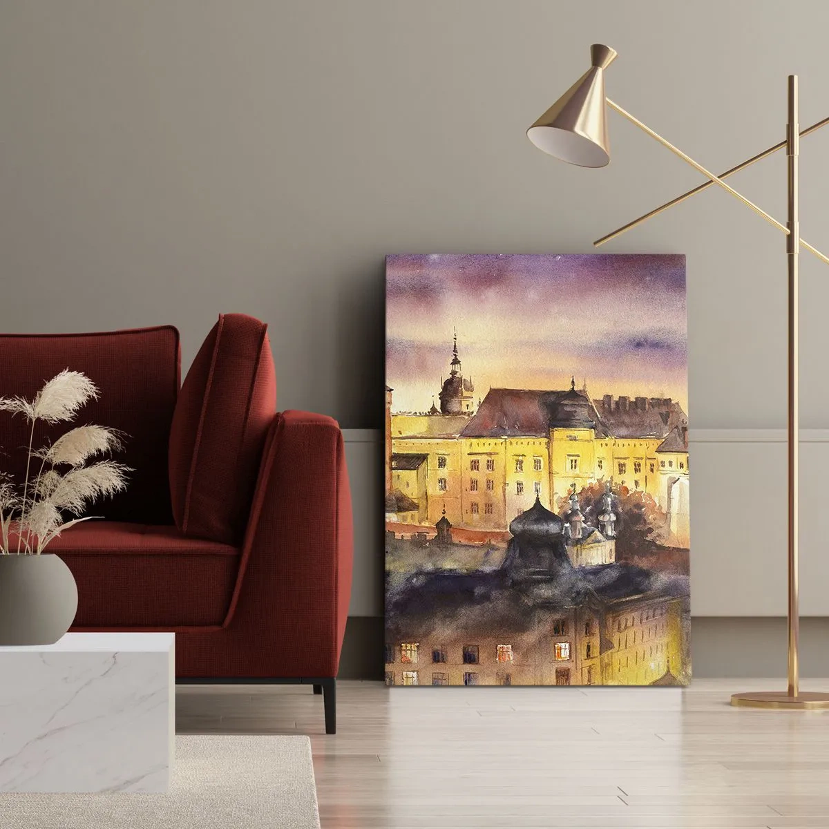 Impression sur toile - Image sur toile - Une aquarelle pittoresque d'un château au coucher du soleil - 50x70cm - Histoire et conte de fées - Décoration murale moderne pour le salon et la chambre ARTTOR