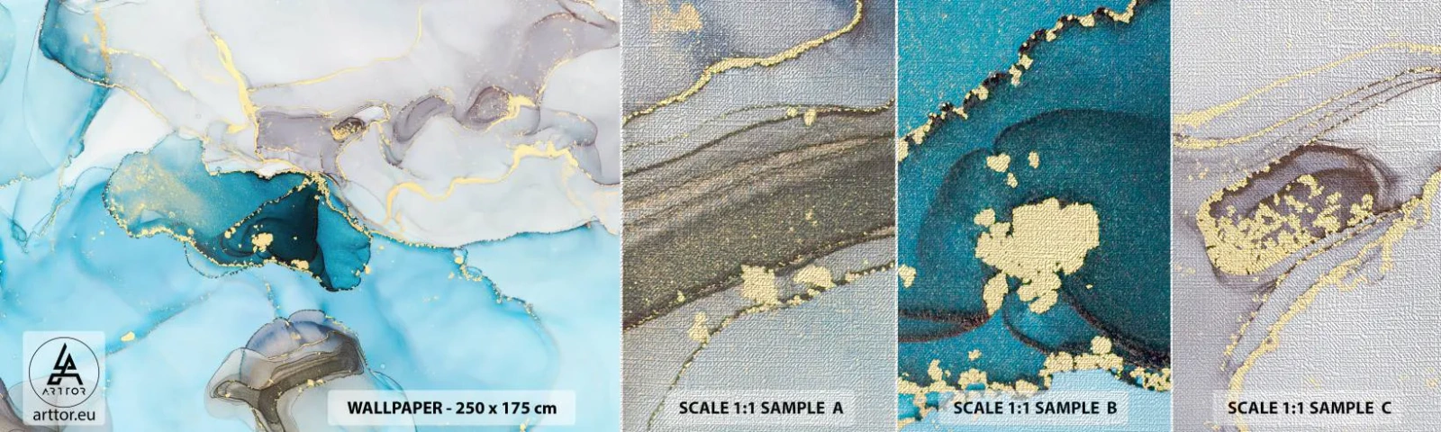 Échantillon de Papier Peint Premium Canvas - Etude de la rencontre gris et turquoise - Abstraction, Morceau, Modèle moderne - 100x30 cm