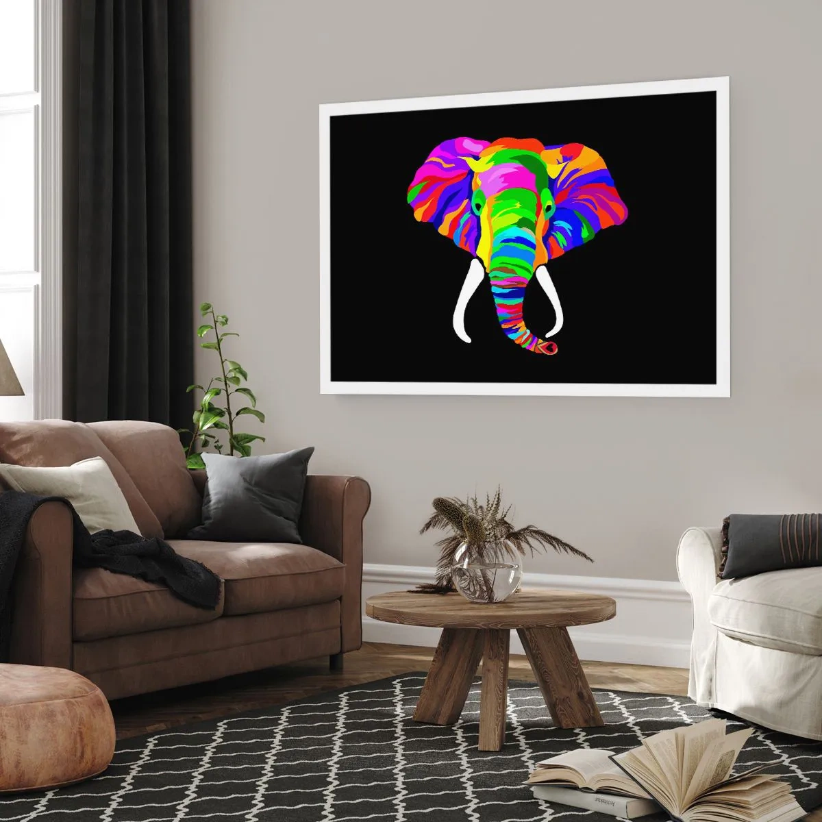Affiche - Poster - Une image colorée d'un éléphant sur fond noir - 100x70cm - L'éléphant qui aimait se baigner dans un arc-en-ciel - Décoration murale moderne pour le salon et la chambre ARTTOR