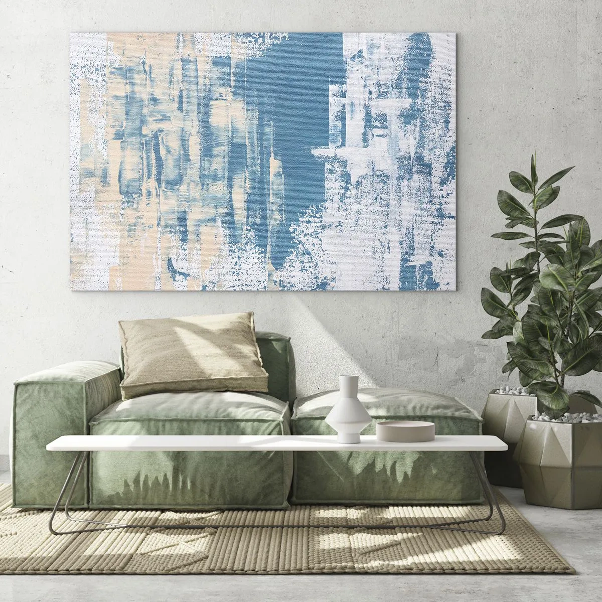 Impression sur verre - Image sur verre - Abstraction en bleu et beige avec texture de pinceau - 100x70cm - À travers un iceberg - Décoration murale moderne pour le salon et la chambre ARTTOR