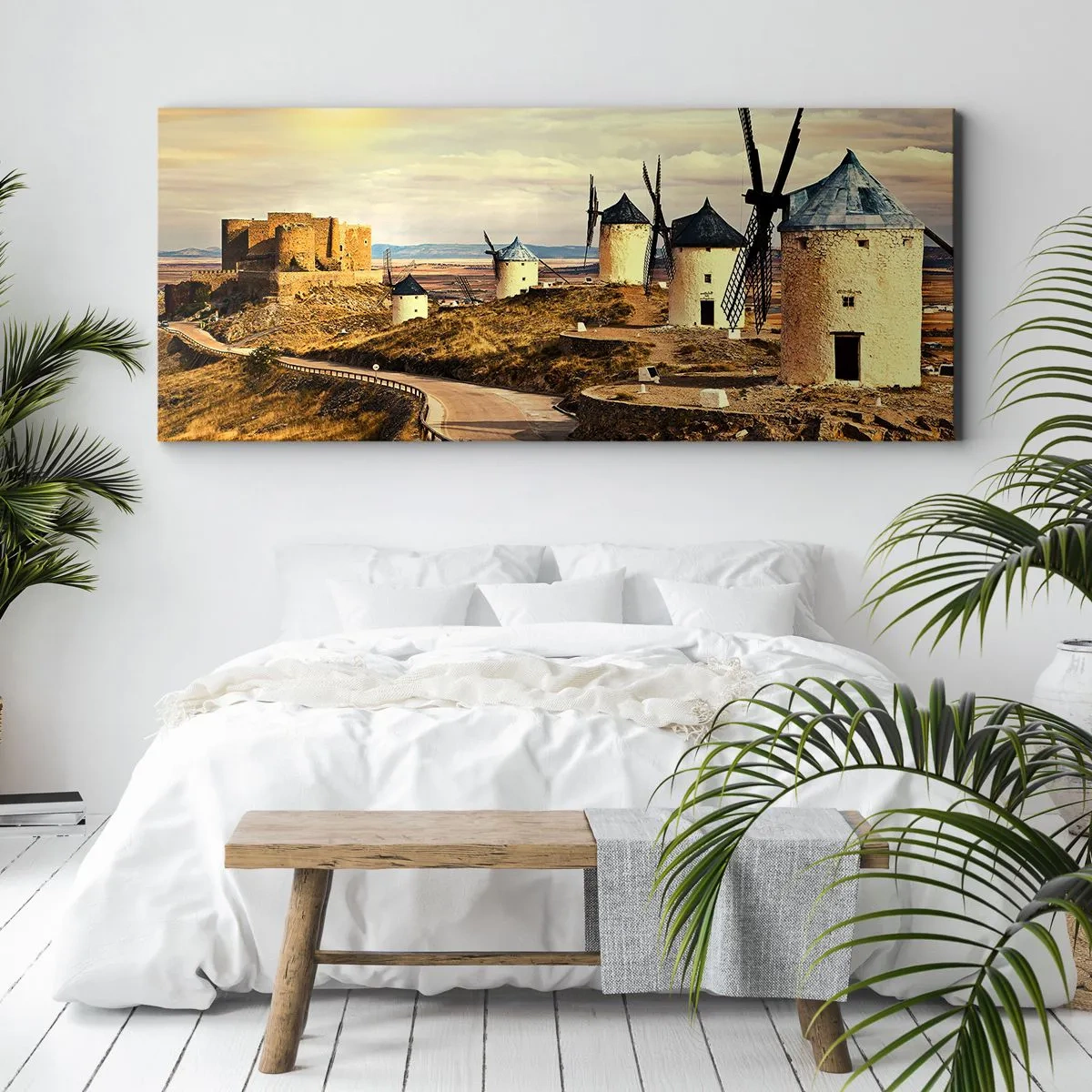 Impression sur toile - Image sur toile - Moulins à vent sur les collines avec un château historique en arrière-plan - 120x50cm - Don Quichotte est sur le point d'arriver - Décoration murale moderne pour le salon et la chambre ARTTOR