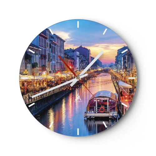 Horloge murale - Pendule murale - Vue d'un canal de Milan au crépuscule - 30x30cm - Soirée de lumière et de jeu - Décoration murale moderne pour le salon, la cuisine et la chambre ARTTOR