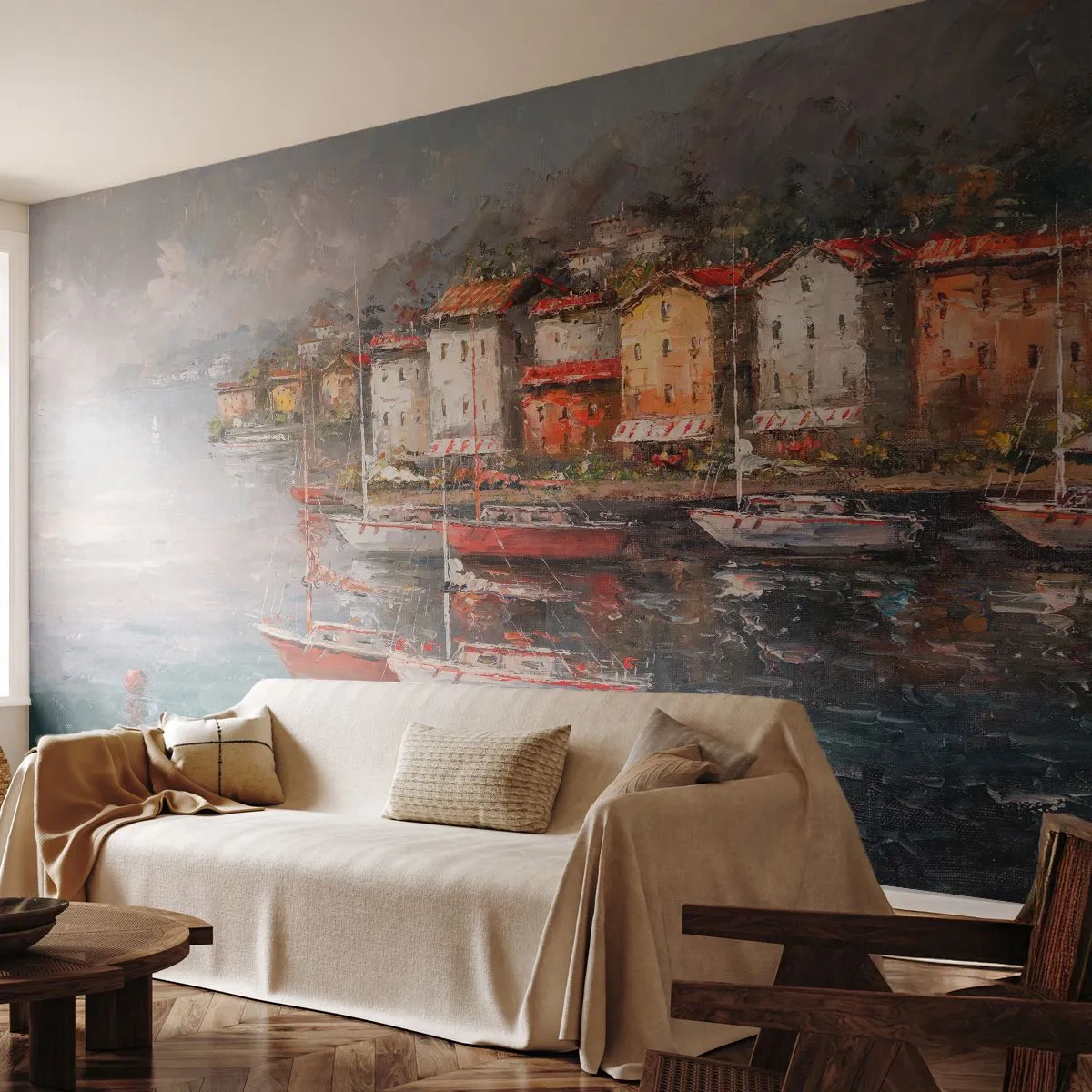 Papier Peint Photo Premium Sand - Une ville portuaire pittoresque avec des voiliers sur le front de mer - 100x70cm - Havre romantique - Décoration murale moderne pour le salon et la chambre ARTTOR
