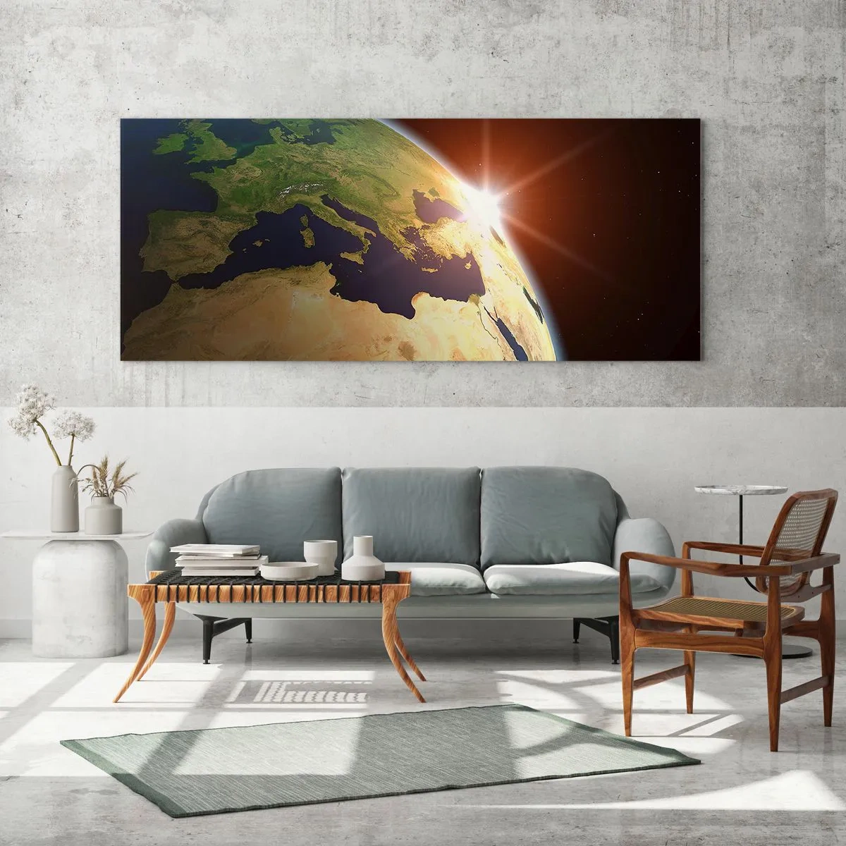 Impression sur verre - Image sur verre - Vue de la Terre depuis l'espace avec les rayons du soleil à l'horizon - 140x50cm - Lever de soleil - Décoration murale moderne pour le salon et la chambre ARTTOR