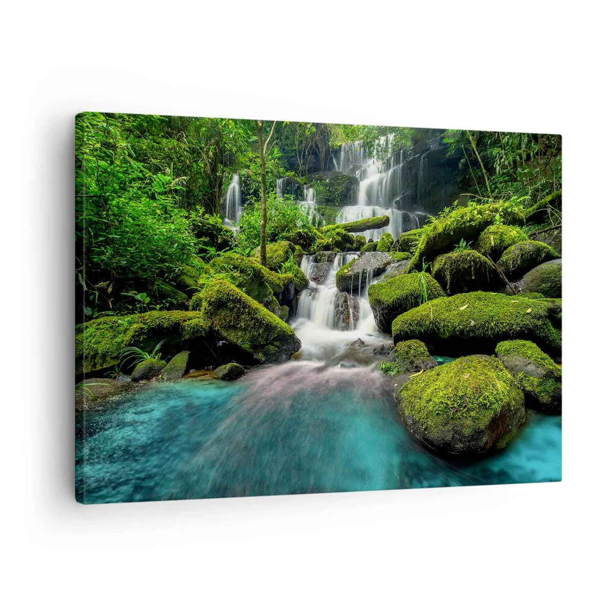 Impression sur toile - Image sur toile - Une cascade tropicale entourée de verdure et d'eau turquoise - 70x50cm - Turquoise, saphirs et argent liquide - Décoration murale moderne pour le salon et la chambre ARTTOR
