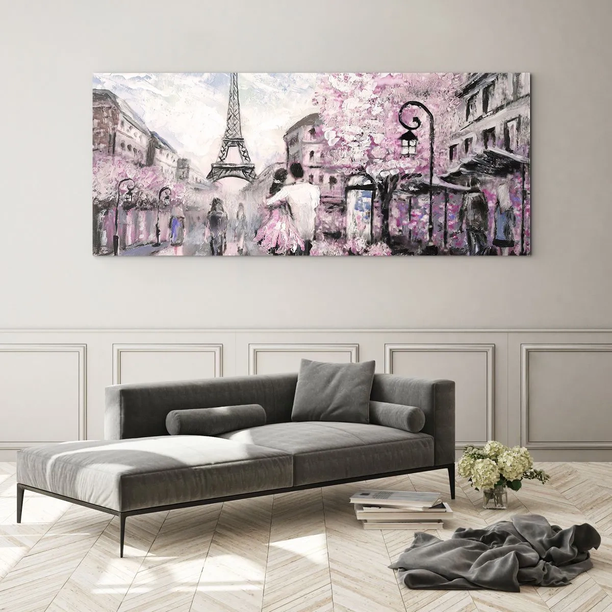 Impression sur verre - Image sur verre - Une promenade romantique à Paris près de la Tour Eiffel - 120x50cm - Comment tomber amoureu, il faut juste... - Décoration murale moderne pour le salon et la chambre ARTTOR