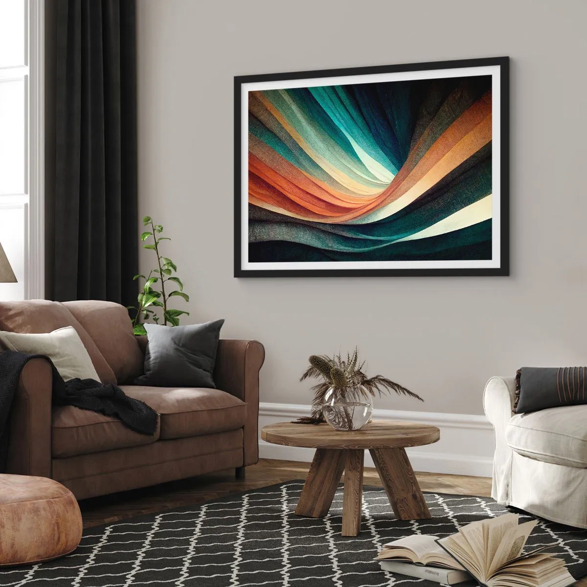 Affiche dans un cadre noir - Poster - Vagues abstraites dans des tons chauds et froids - 100x70cm - Tissé à partir de couleurs - Décoration murale moderne pour le salon et la chambre ARTTOR