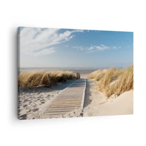 Impression sur toile - Image sur toile - Un chemin en bois mène à travers les dunes jusqu'à la mer calme - 70x50cm - Derrière la dune, dans le bruissement de l'herbe - Décoration murale moderne pour le salon et la chambre ARTTOR