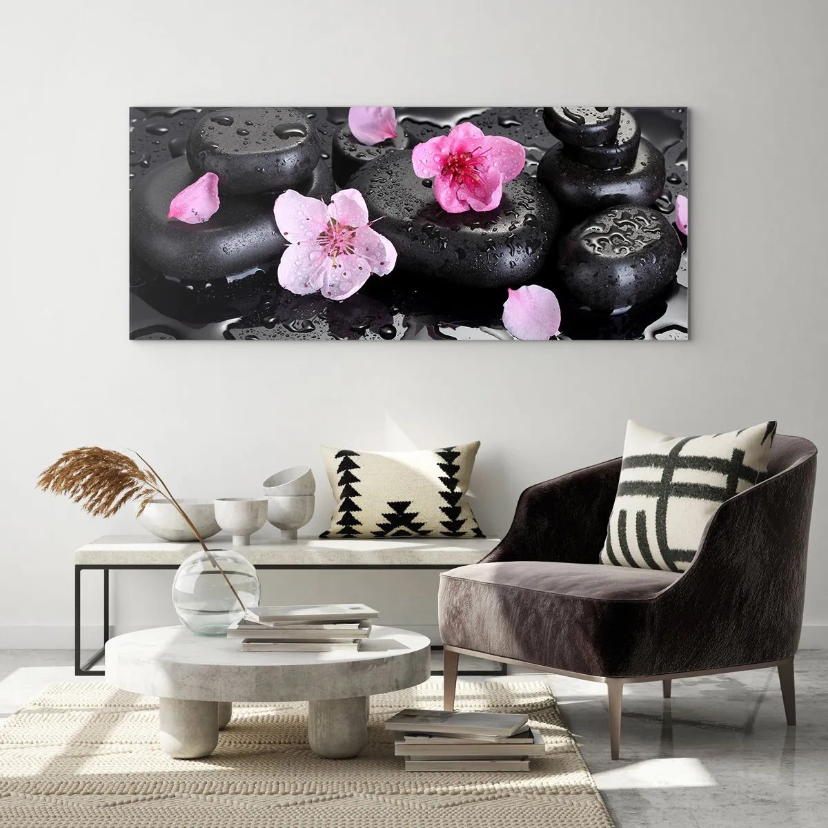 Impression sur verre - Image sur verre - Pierres noires et fleurs roses style spa - 120x50cm - Et le cœur s'allège soudainement - Décoration murale moderne pour le salon et la chambre ARTTOR